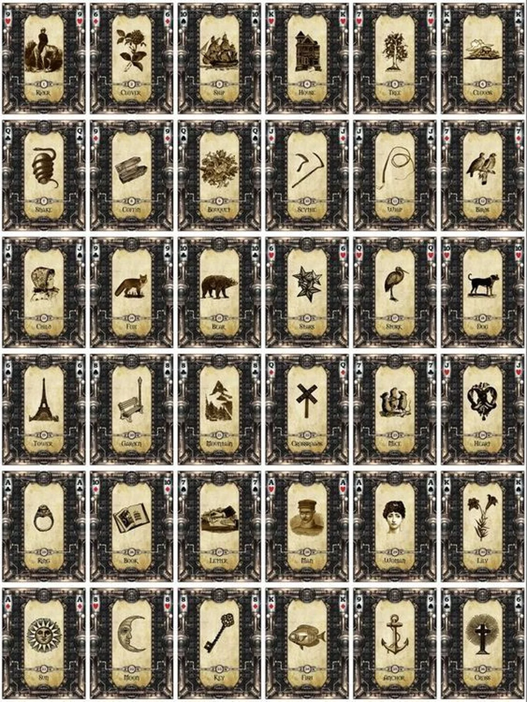 Ảnh minh họa free lenormand card reading với lá bài và biểu tượng Lenormand