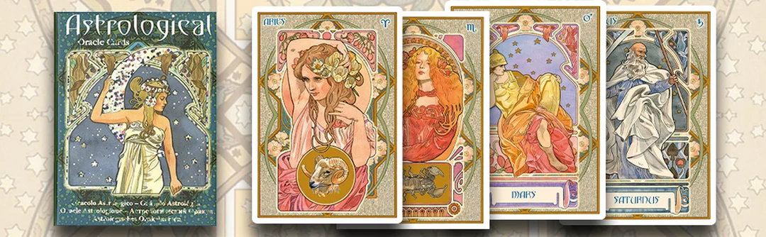 astrological oracle cards minh họa cung hoàng đạo và hành tinh
