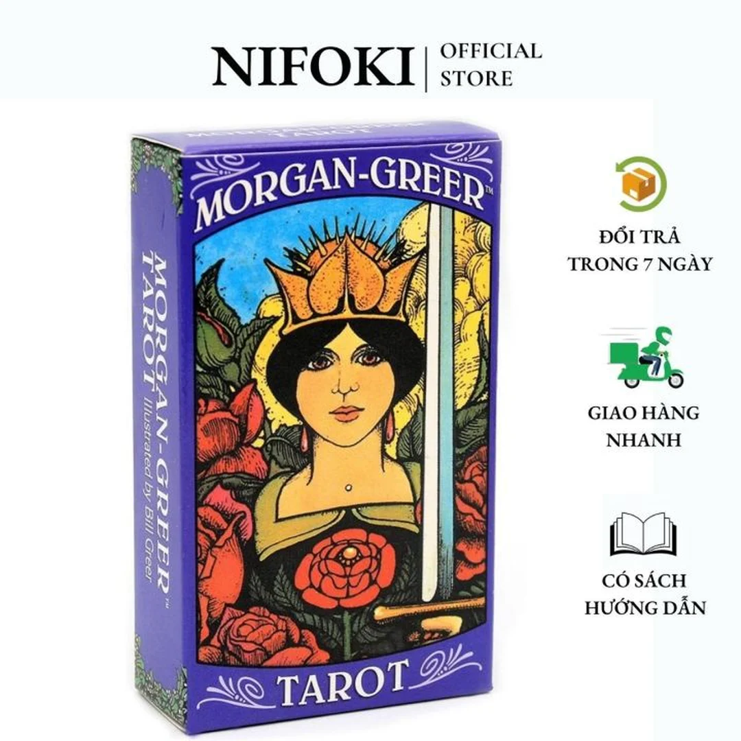 bộ bài tarot morgan greer với hộp và các lá minh họa màu đậm