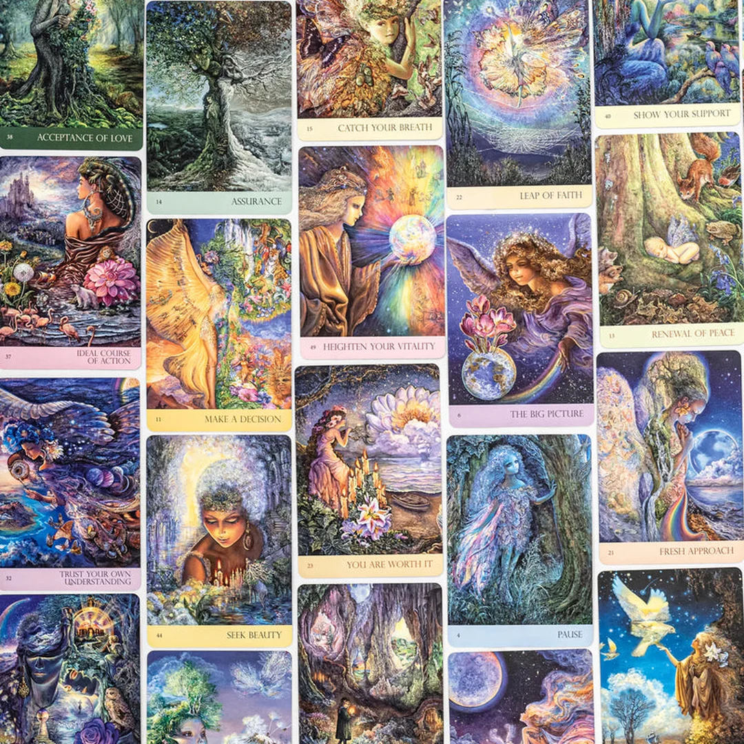 Thông số Nature's Whispers Oracle Cards Các lá bài nature's whispers oracle cards trải trên bàn với màu sắc fantasy