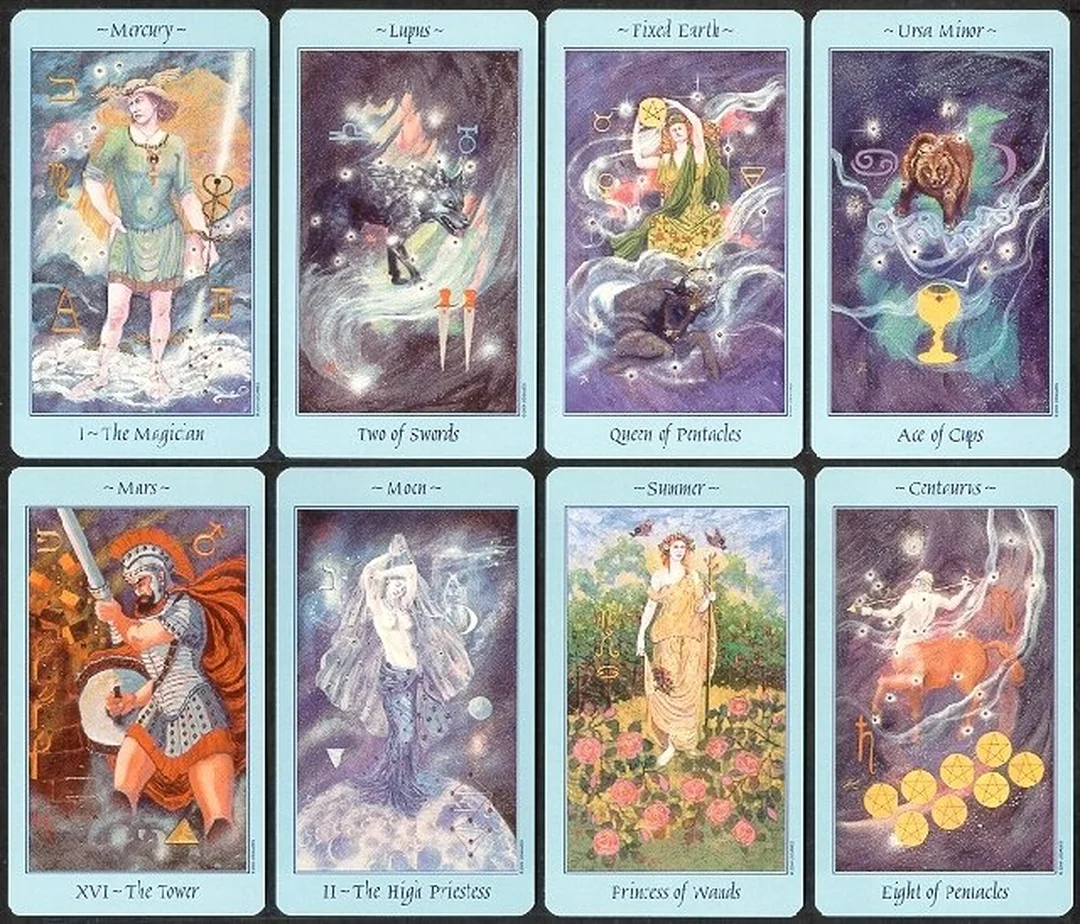 celestial tarot deck với tông xanh tím và hình ảnh bầu trời