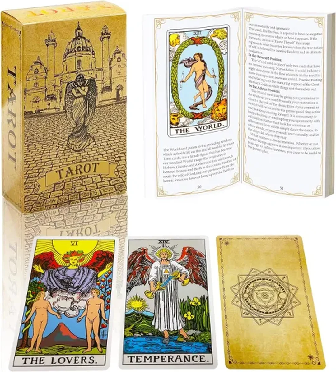 kích cỡ bài tarot chuẩn 70x120 mm với hộp và sách hướng dẫn