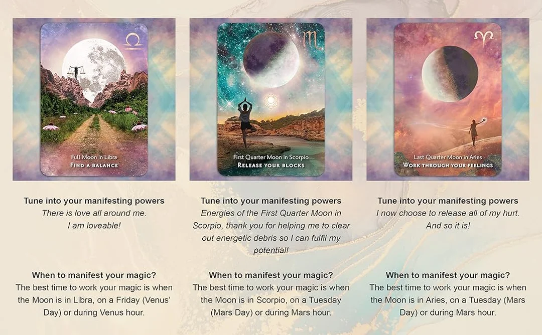 moonology oracle cards guidebook pdf minh họa trải bài theo chu kỳ Mặt Trăng