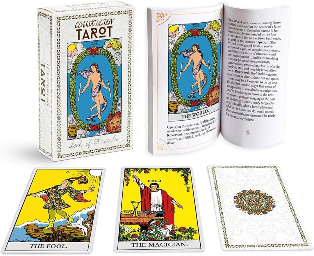 tarot deck mở hộp với sách hướng dẫn và lá bài minh họa