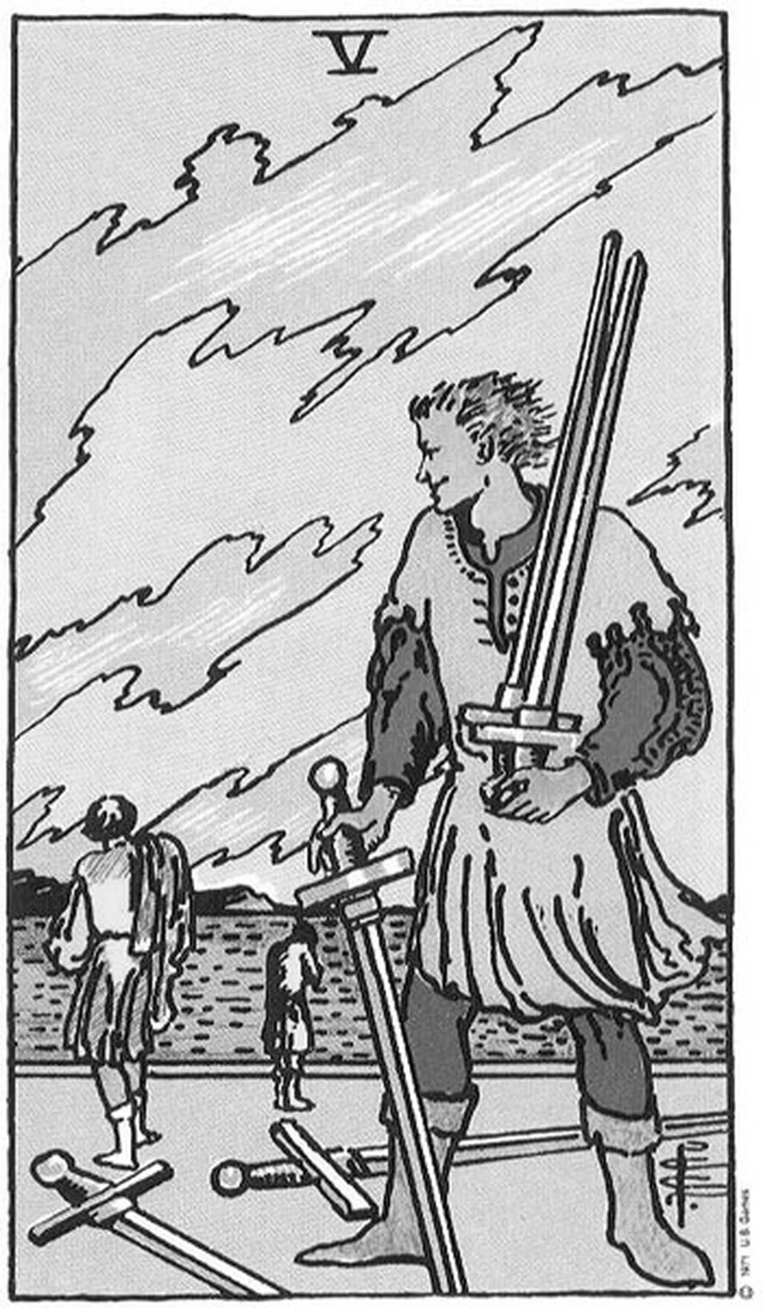 Five of Swords Rider Waite Smith đen trắng ý nghĩa lá bài five of swords trong bộ Rider Waite Smith đen trắng
