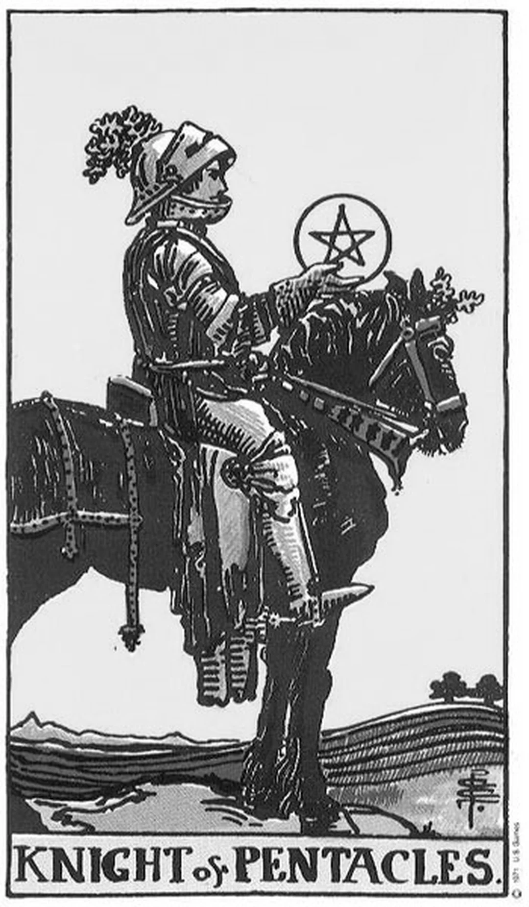 Biểu tượng Knight of Pentacles đen trắng ý nghĩa lá bài knight of pentacles qua hình kỵ sĩ và đồng xu
