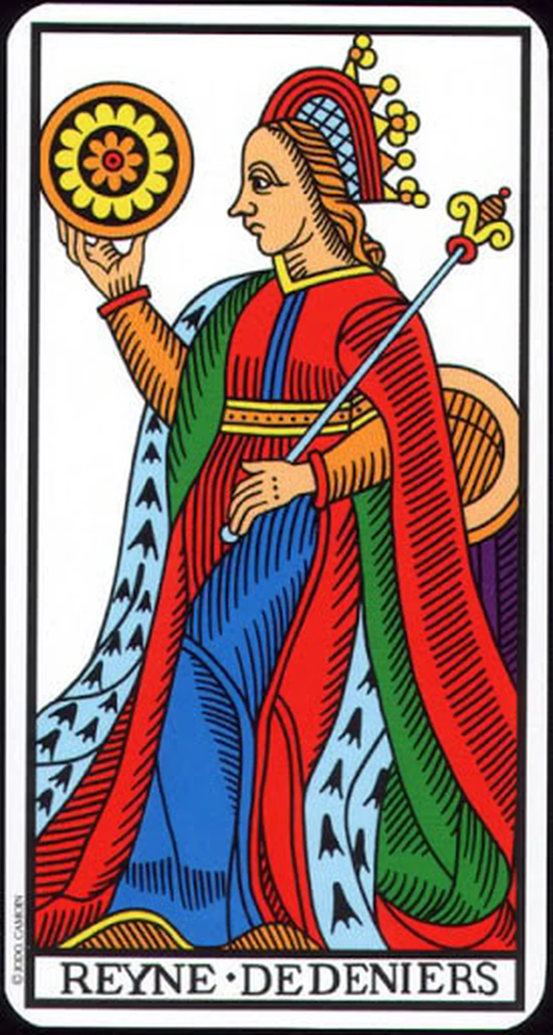 ý nghĩa lá bài queen of pentacles trong tình yêu bản Marseille