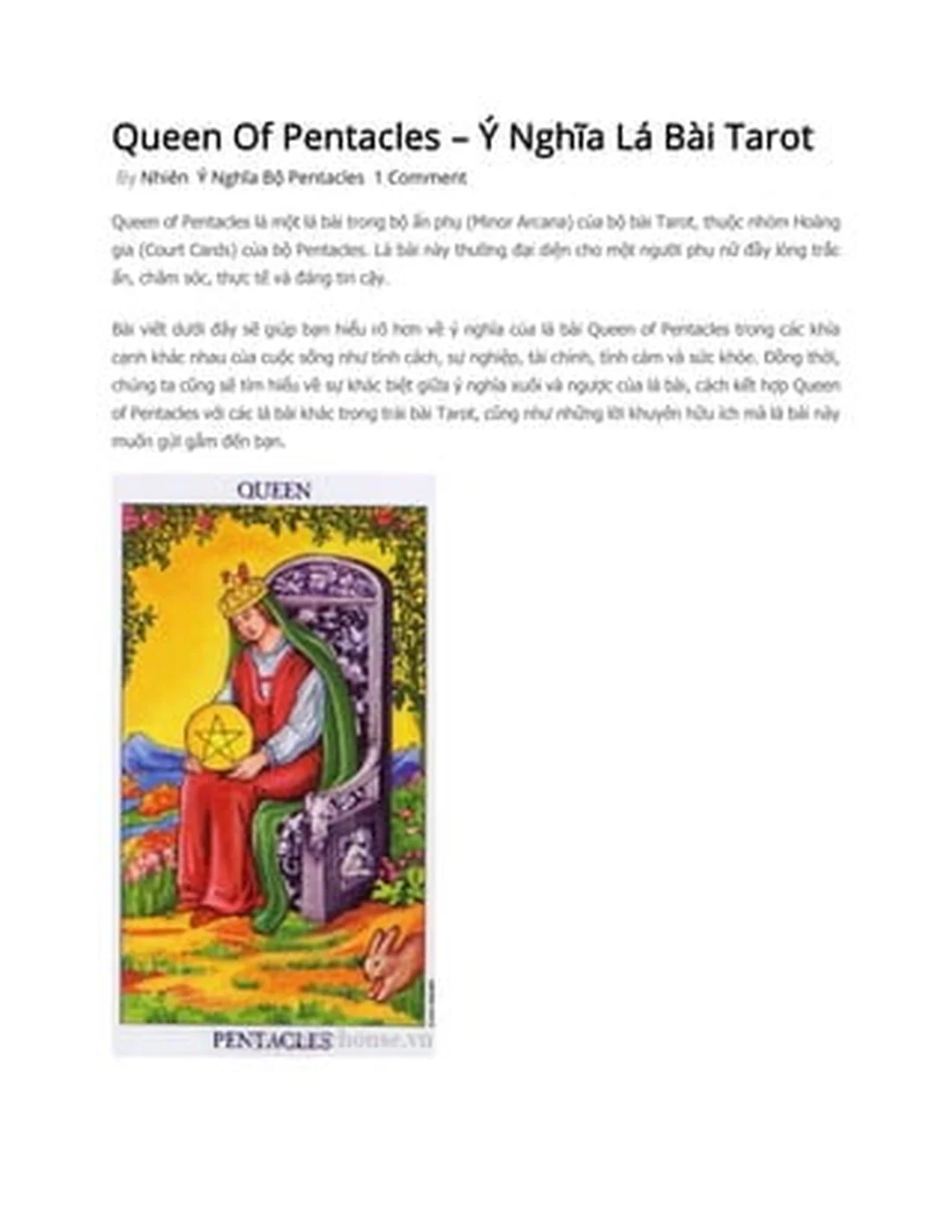 ý nghĩa lá bài queen of pentacles trong tình yêu qua hình ảnh Rider Waite