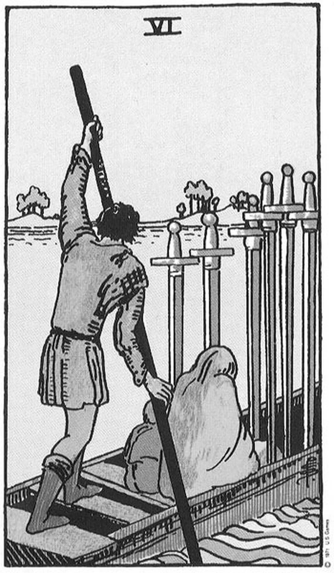 Ý nghĩa lá bài Six of Swords trong Rider-Waite-Smith trắng đen ý nghĩa lá bài six of swords trắng đen Rider-Waite-Smith